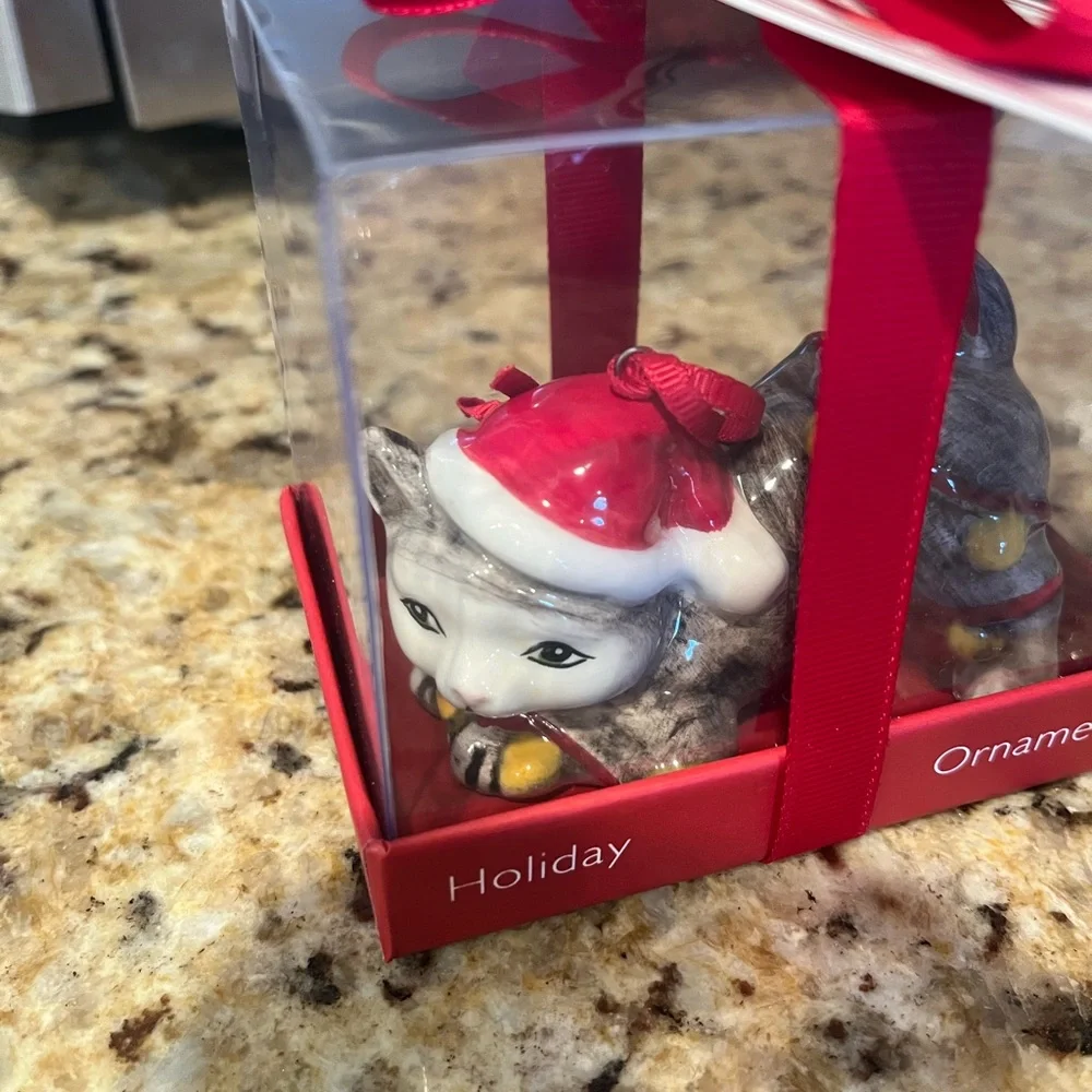 Blue Sky Cat Christmas Ornament with Santa Hat and Tree Lights